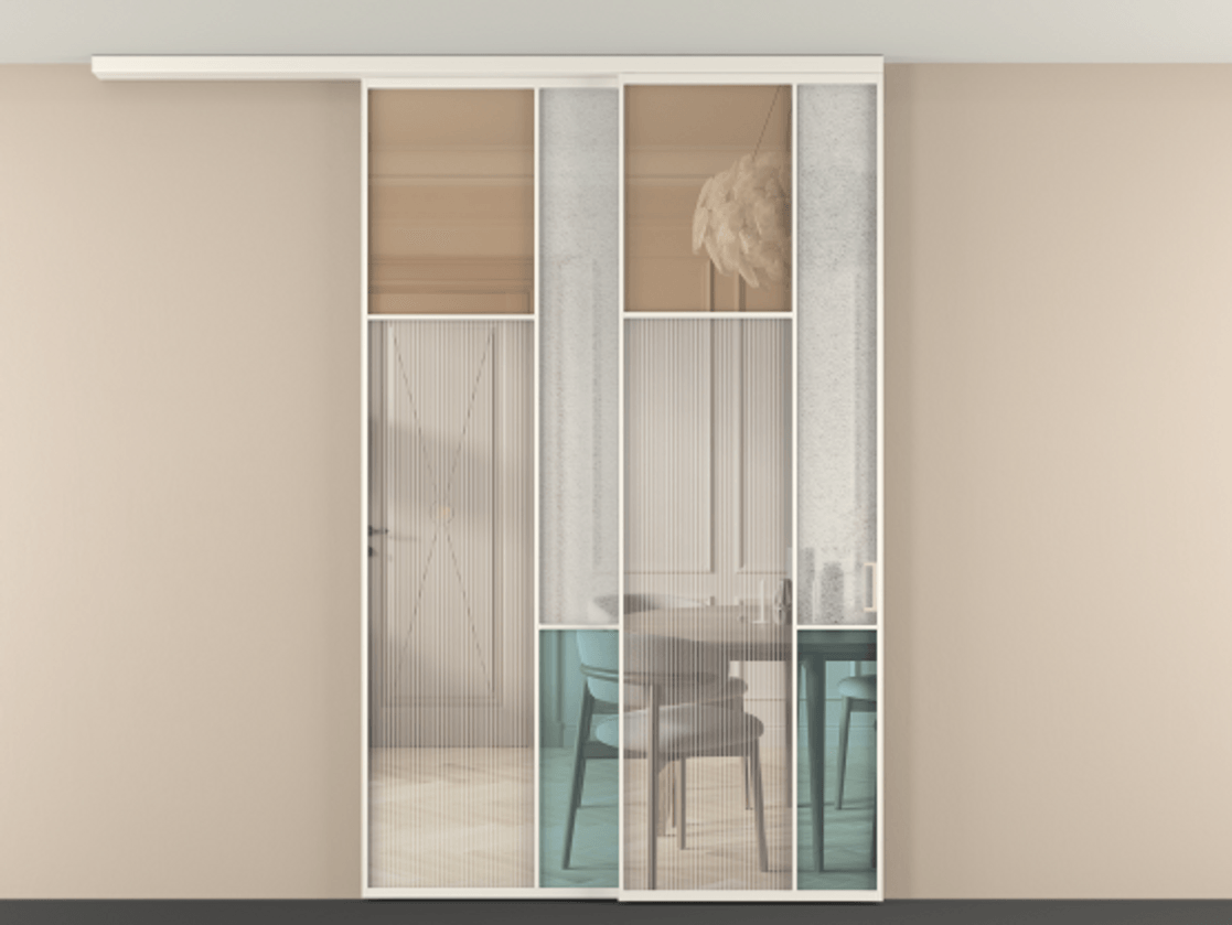 Перегородка Mosaic вдоль стены на потолок 2 створки с синхронным механизмом АЛПР 041.10 Алюминий бежево-серый Комбинация стекол Группы 1 и Группы 3 Цена 358080 ₽ | Volhovec