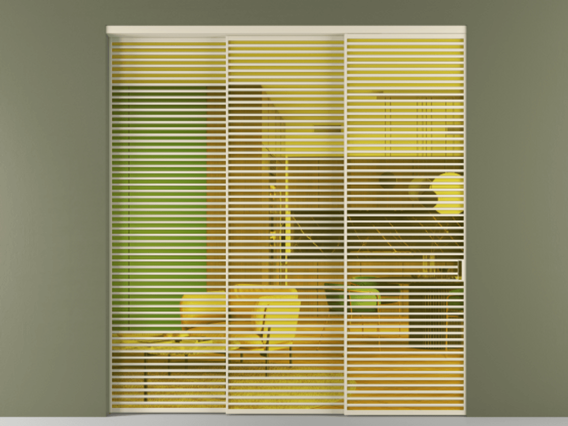 Перегородка Formato внутри проёма 3 створки с синхронным механизмом АЛПР 040.07 Алюминий бежево-серый Прозрачное жёлтое стекло, триплекс Цена 579740 ₽  | Volhovec