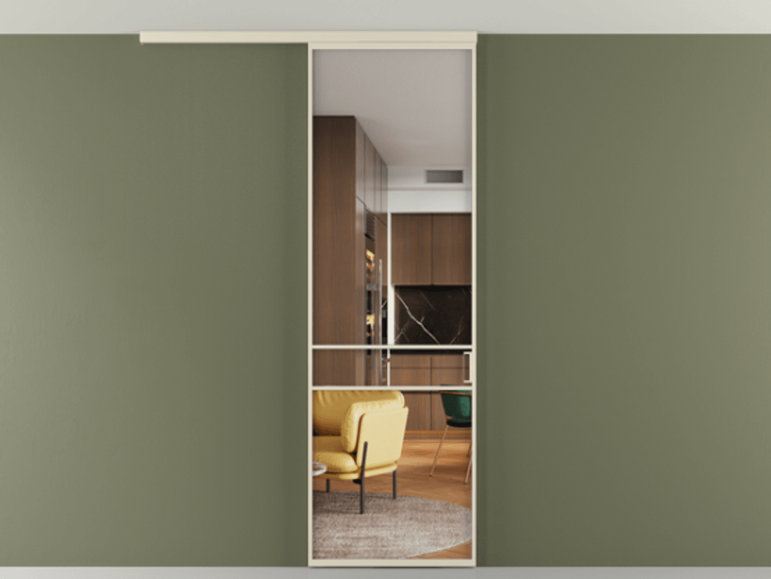 Перегородка Formato вдоль стены на потолок 1 створка АЛПР 040.02 Алюминий бежево-серый Прозрачное стекло "Crystal Vision", калёное Цена 125510 ₽ | Volhovec