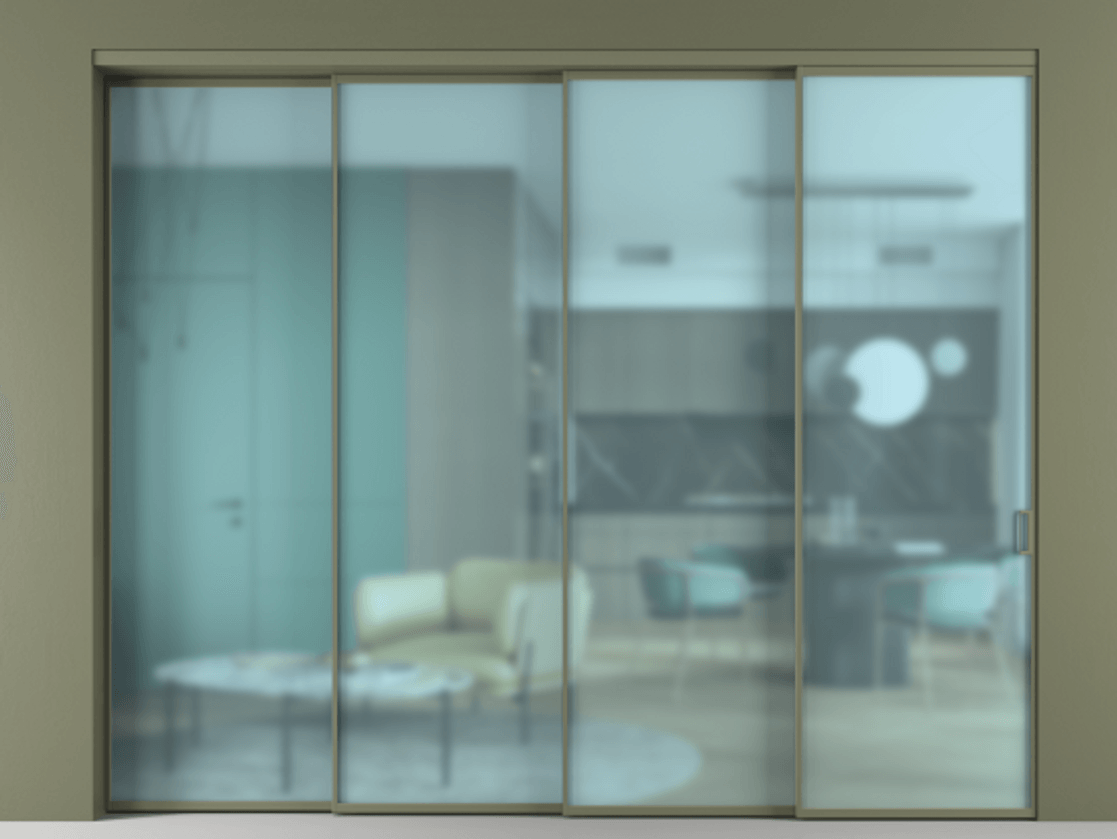 Перегородка Formato внутри проёма 4 створки с синхронным механизмом АЛПР 040.01 Алюминий оливковый тёмный Сатинированное голубое стекло, триплекс Цена 446440 ₽ | Volhovec