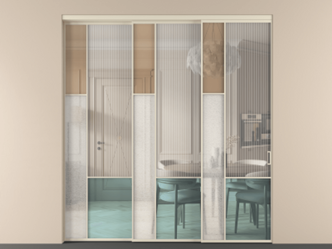 Перегородка Mosaic внутри проёма 3 створки с синхронным механизмом АЛПР 041.13 Алюминий бежево-серый Комбинация стекол Группы 1 и Группы 3 Цена 455390 ₽ | Volhovec