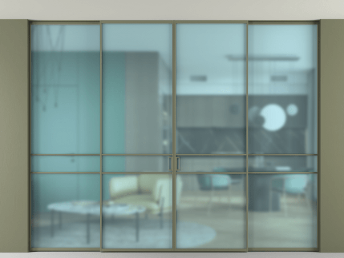 Перегородка Formato внутри проёма скрытое крепление в потолок 4 створки АЛПР 040.02 Алюминий оливковый тёмный Сатинированное голубое стекло, триплекс Цена 457052 ₽ | Volhovec