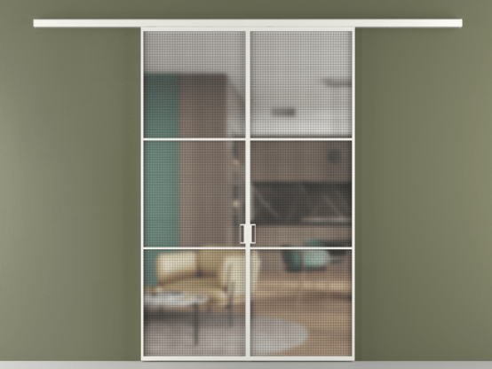 Алюминевая перегородка vd2_03_ Алюминий светло-серый Mesh silver. Цвет Алюминий светло-серый. Материал Алюминий в эмали. Коллекция Перегородка Formato вдоль стены 2 створки. Картинка.