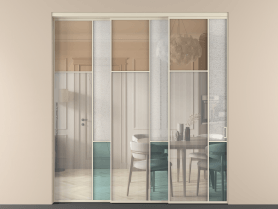 Алюминевая перегородка vnt3_7 Алюминий бежево-серый Четыре стекла. Цвет Алюминий бежево-серый. Материал Алюминий в эмали. Коллекция Перегородка Mosaic внутри проёма 3 створки с синхронным механизмом. Картинка.