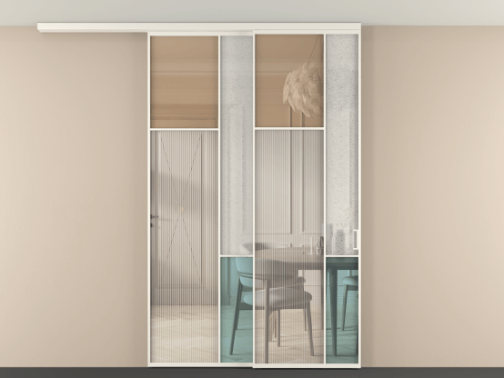 Алюминевая перегородка vdt2_7 Алюминий светло-серый Четыре стекла. Цвет Алюминий светло-серый. Материал Алюминий в эмали. Коллекция Перегородка Mosaic вдоль стены на потолок 2 створки с синхронным механизмом. Картинка.