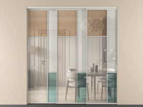 Алюминевая перегородка vnt3_7 Алюминий тёплый серый Четыре стекла. Цвет Алюминий тёплый серый. Материал Алюминий в эмали. Коллекция Перегородка Mosaic внутри проёма 3 створки с синхронным механизмом. Картинка.