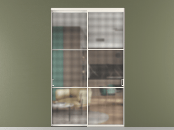 Алюминевая перегородка vn2_03_ Алюминий пудровый белый Mesh silver. Цвет Алюминий пудровый белый. Материал Алюминий в эмали. Коллекция Перегородка Formato внутри проёма 2 створки. Картинка.