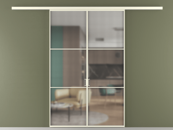 Алюминевая перегородка АЛПР 040.03_АМБ_MS_new. Цвет Алюминий молочно-белый. Материал Алюминий в эмали. Коллекция Перегородка Formato вдоль стены 2 створки. Картинка.