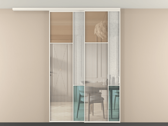 Алюминевая перегородка vdt2_7 Алюминий тёплый серый Четыре стекла. Цвет Алюминий тёплый серый. Материал Алюминий в эмали. Коллекция Перегородка Mosaic вдоль стены на потолок 2 створки с синхронным механизмом. Картинка.