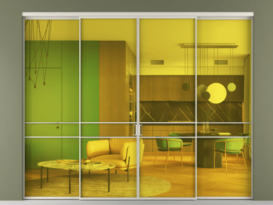 Алюминевая перегородка АЛПР 040.02_АОС_ПРОЗ ЖЕЛ_new. Цвет Алюминий облачно-серый. Материал Алюминий в эмали. Коллекция Перегородка Formato внутри проёма 4 створки. Картинка.